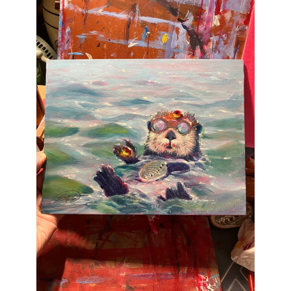 Artettina Otter in goggles Original Painting Sea Life surrealism wildlife USA